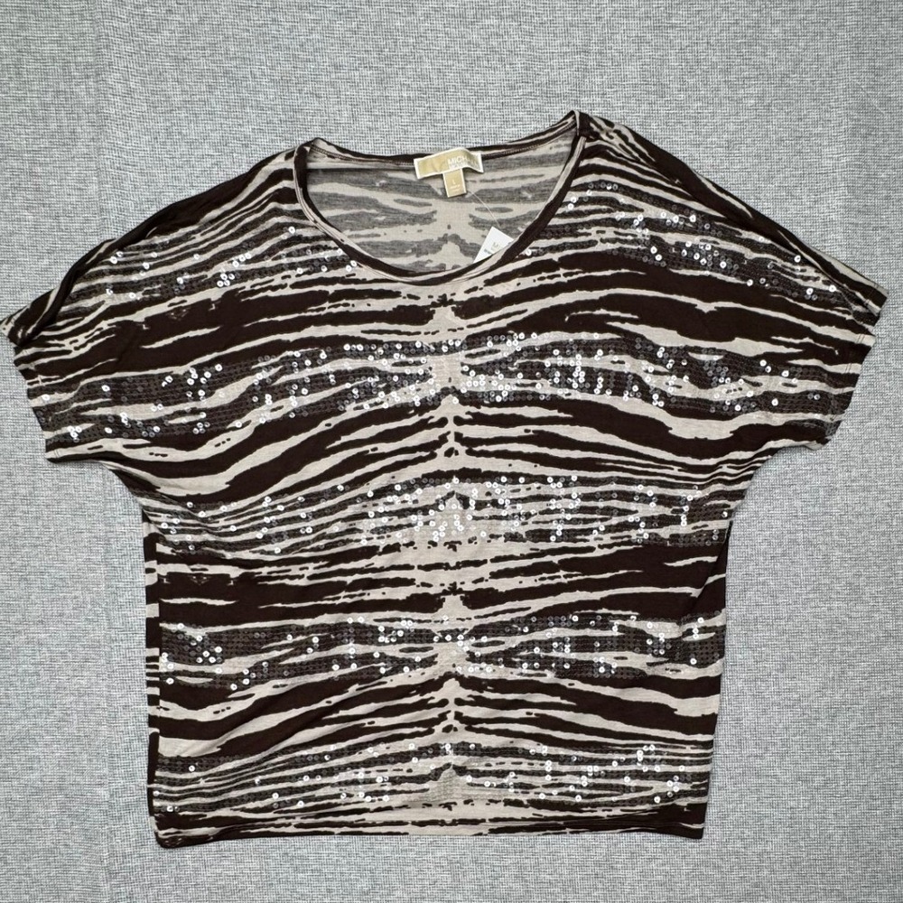 Michael Kors Zebra Print Sequin Top Brown Tan Short Sleeve Dolman Large NEW